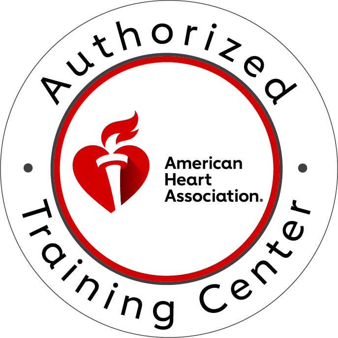 American Heart Association Authorized Training Center logo for emergency medical education, featuring a red heart with a torch.